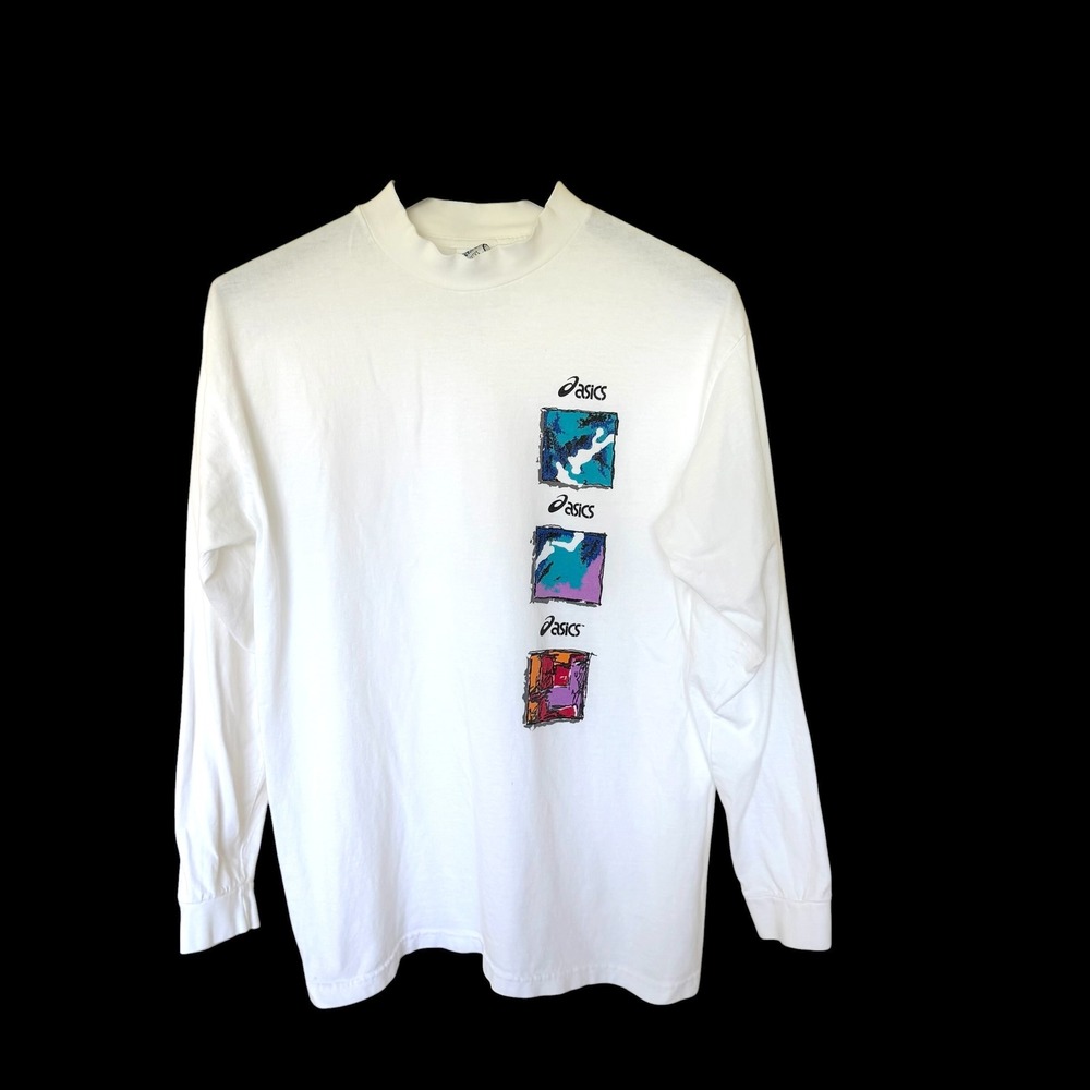 90's‎ Asics Long Sleeve T-Shirt White Mock Neck Made in USA Sz L